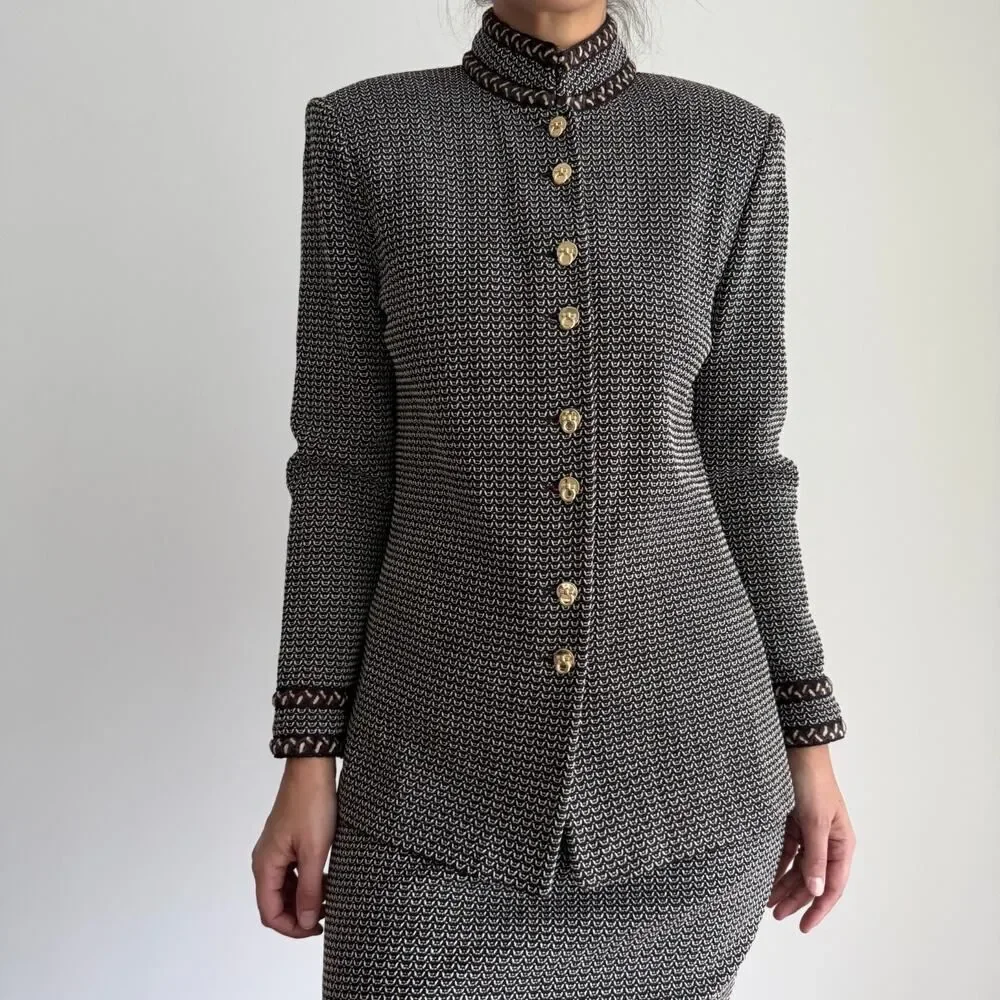 St John Skirt Jacket‎ Suit 4 and 6 Brown Textured Knit Career Elegant Military